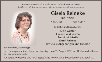 Traueranzeige von Gisela Reineke 