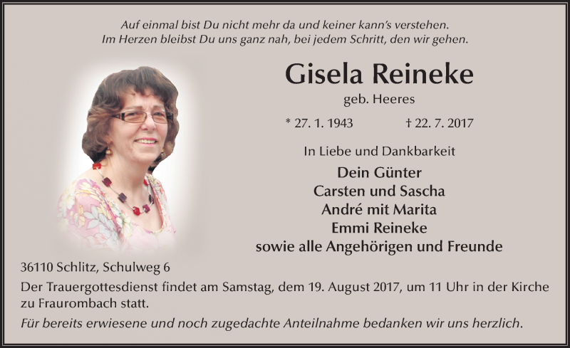  Traueranzeige für Gisela Reineke vom 09.08.2017 aus 