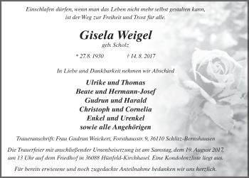 Traueranzeige von Gisela Weigel 