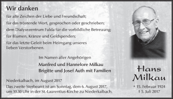 Traueranzeige von Hans Milkau 