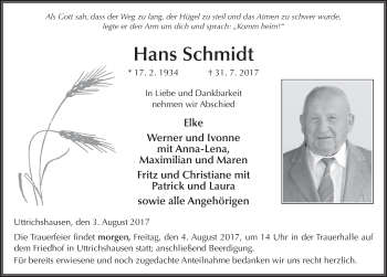 Traueranzeige von Hans Schmidt 