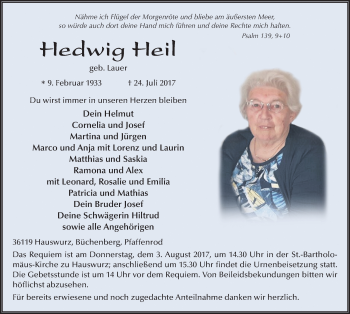 Traueranzeige von Hedwig Heil 