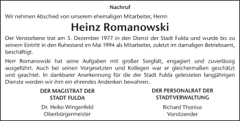 Traueranzeige von Heinz Romanowski 