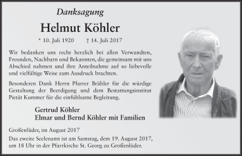 Traueranzeige von Helmut Köhler 