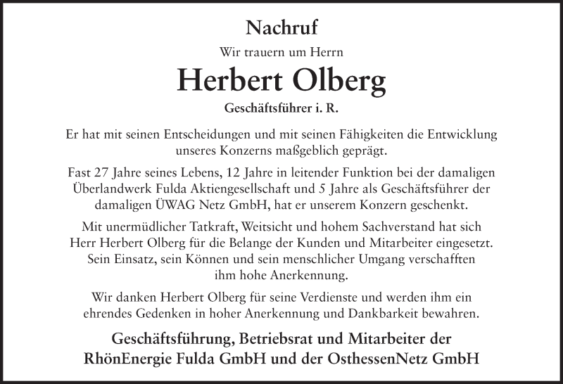  Traueranzeige für Herbert Olberg vom 12.08.2017 aus 