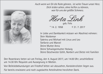 Traueranzeige von Herta Link 