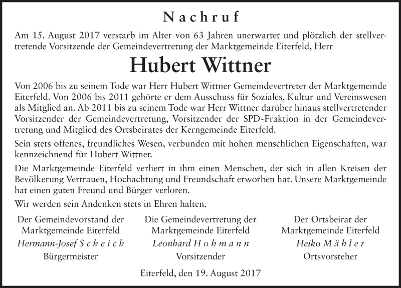  Traueranzeige für Hubert Wittner vom 19.08.2017 aus 