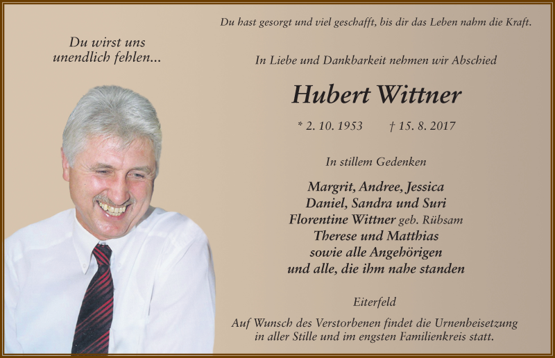  Traueranzeige für Hubert Wittner vom 19.08.2017 aus 