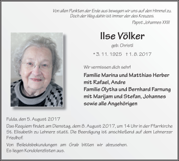 Traueranzeige von Ilse Völker 