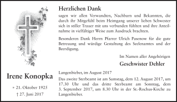 Traueranzeige von Irene Konopka 