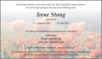 Traueranzeige von Irene Stang 