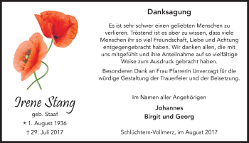 Traueranzeige von Irene Stang 