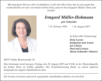 Traueranzeige von Irmgard Müller-Hohmann 