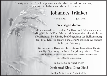 Traueranzeige von Johannes Tränker 