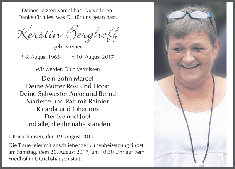  Traueranzeige für Kerstin Berghoff vom 19.08.2017 aus 