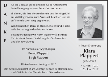 Traueranzeige von Klara Plappert 