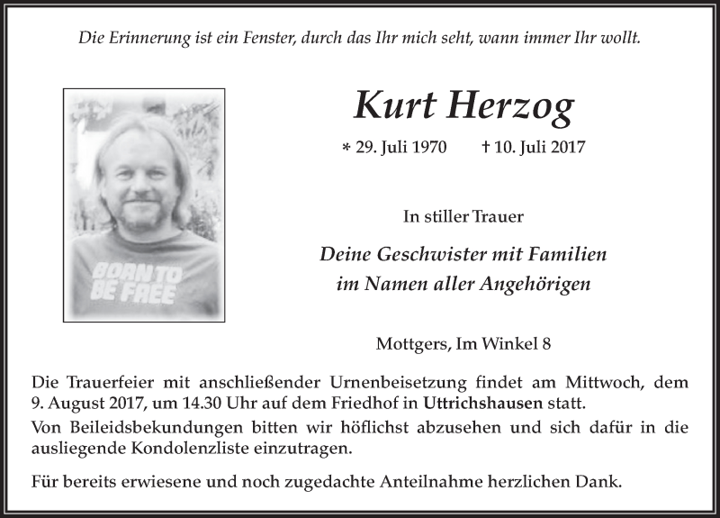  Traueranzeige für Kurt Herzog vom 05.08.2017 aus 