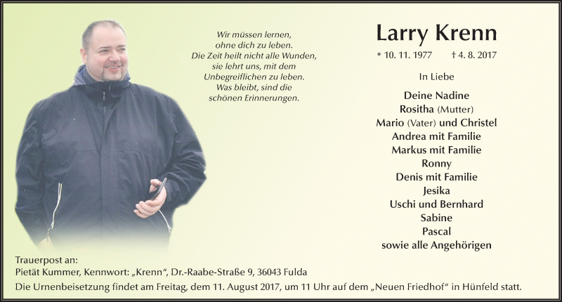  Traueranzeige für Larry Krenn vom 09.08.2017 aus 