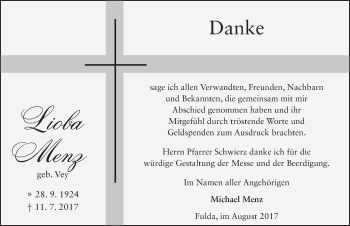 Traueranzeige von Lioba Menz 