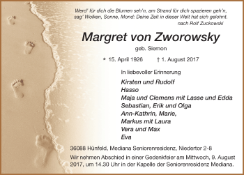 Traueranzeige von Margret  von Zworowsky 