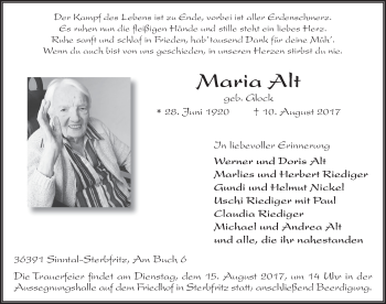 Traueranzeige von Maria Alt 