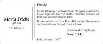 Traueranzeige von Maria Fricke 
