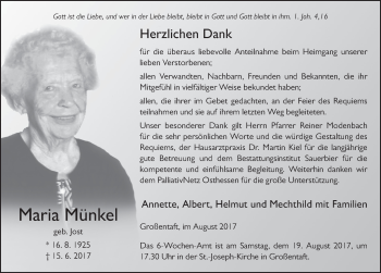 Traueranzeige von Maria Münkel 