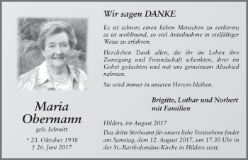 Traueranzeige von Maria Obermann 