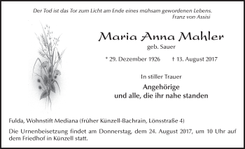 Traueranzeige von Maria Anna Mahler 