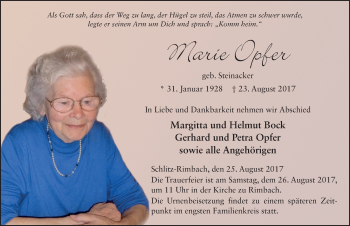 Traueranzeige von Marie Opfer 