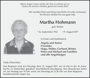 Traueranzeige von Martha Hohmann 
