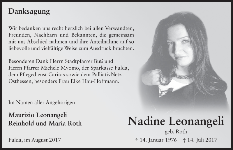  Traueranzeige für Nadine Leonangeli vom 19.08.2017 aus 