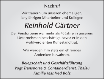 Traueranzeige von Reinhold Gärtner 