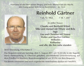 Traueranzeige von Reinhold Gärtner 
