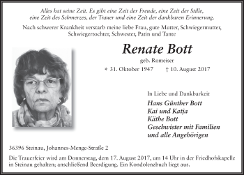 Traueranzeige von Renate Bott 