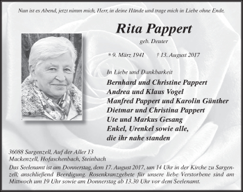 Traueranzeige von Rita Pappert 