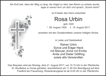 Traueranzeige von Rosa Urbin 