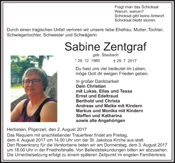 Traueranzeige von Sabine Zentgraf 