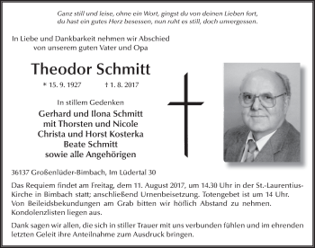 Traueranzeige von Theodor Schmitt 