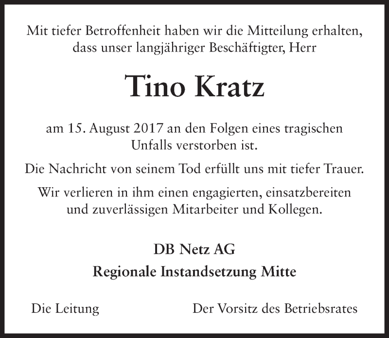  Traueranzeige für Tino Kratz vom 19.08.2017 aus 