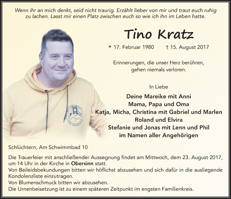  Traueranzeige für Tino Kratz vom 19.08.2017 aus 