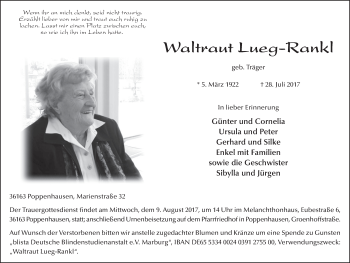 Traueranzeige von Waltraut Lueg-Rankl 