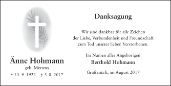 Traueranzeige von Änne Hohmann 