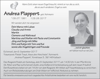 Traueranzeige von Andrea Plappert 