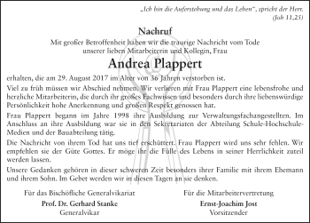 Traueranzeige von Andrea Plappert 