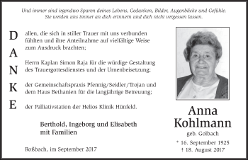 Traueranzeige von Anna Kohlmann 
