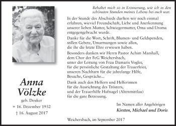 Traueranzeige von Anna Völzke 
