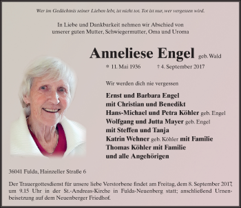 Traueranzeige von Anneliese Engel 