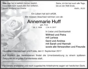 Traueranzeige von Annemarie Huff 