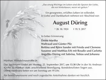 Traueranzeige von August Düring 